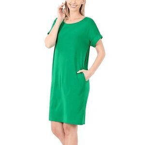 ZENANA Women's Kelly Green Scoop Neck Pocket Shift Dress S